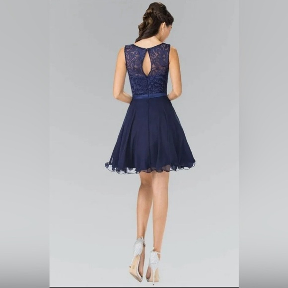 ELIZABETH K Lace Bodice Chiffon Navy Blue Semi-Formal Dress Size XS - Picture 2 of 9